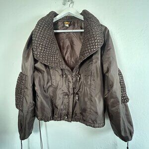 UBU Womens Brown Crinkle Jacket Textured Shawl Collar Drawstring Artsy Large